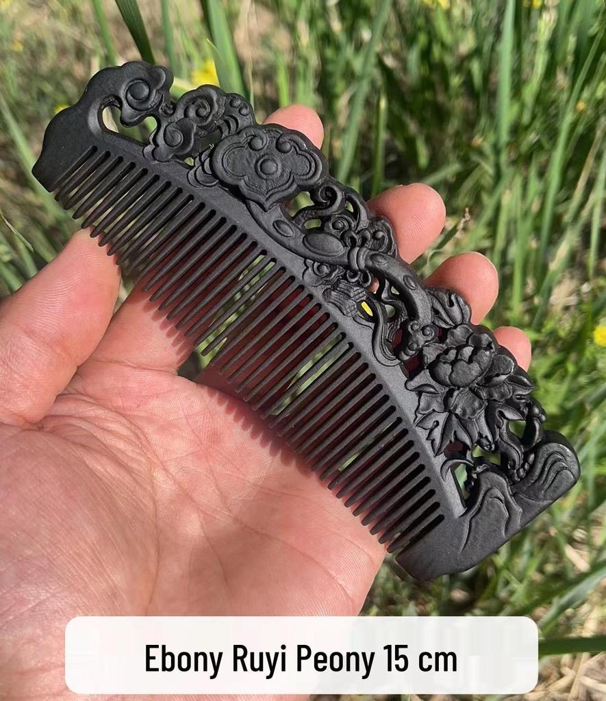 Engraved Green Sandalwood Comb - Black Gold Carved Design, Gift Box Included