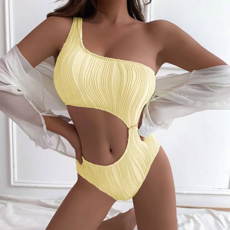 Plain Color Oneshoulder Swimsuit For Women With Padded Bust And Polyester Fabric For Swim And Dance Activities