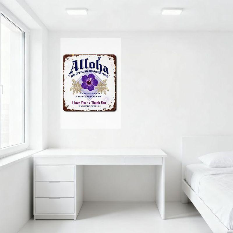 Vintage Aloha Hawaiian Hibiscus Metal Tin Sign with Sorry & Love Messages Retro Rustic Wall Decor for Home Office Bar Man Cave