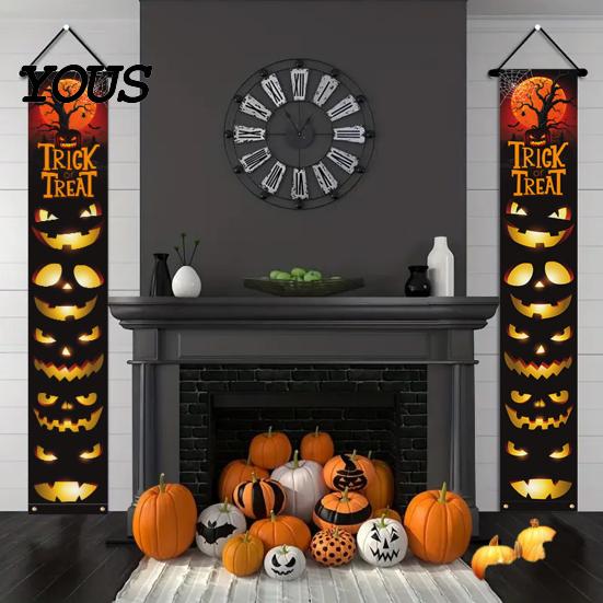 Halloween Festive Decor Porch Sign Banner, Pumpkin Ghost Party Awning Hanging Wall Atmosphere Decoration Door Decoration, Front Wreath Banner