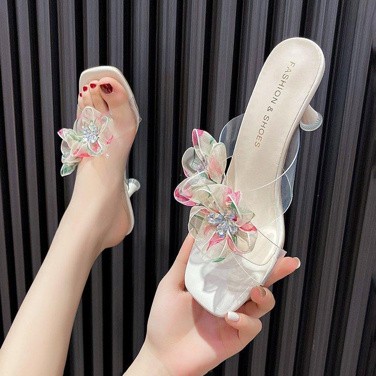 One-word Transparent High-heeled Cool Slippers, New Versatile Thin-heeled Outer Flower Crystal Slippers In the Summer of 2024
