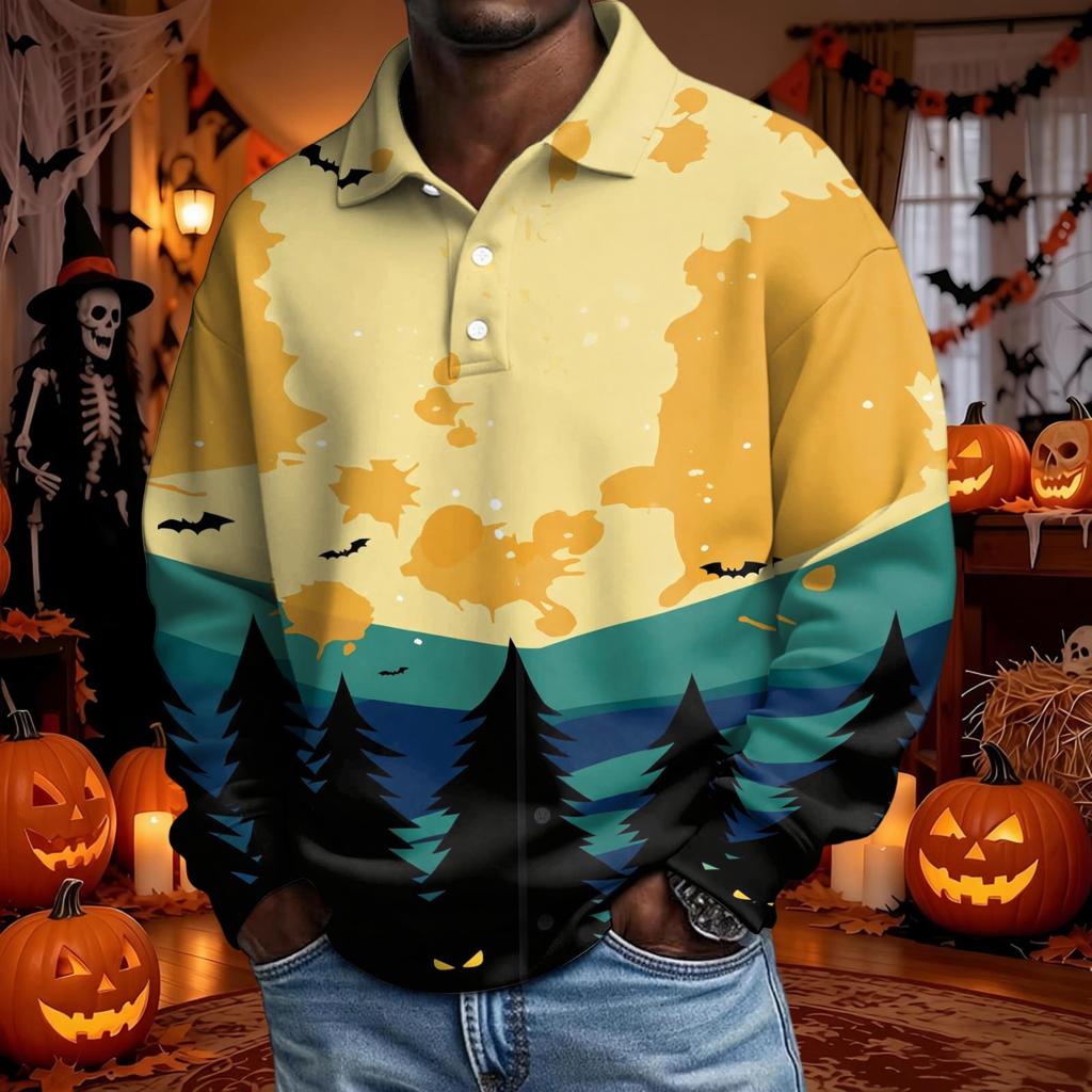 Men's Long Sleeve Loose Fit Casual T-Shirt for Halloween Party or Everyday Wear
