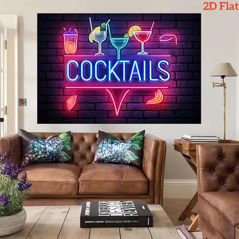 Tapeçaria de Cocktail com Luz Neon, Parede de Tijolos Fundo Decoração de Parede de Bar