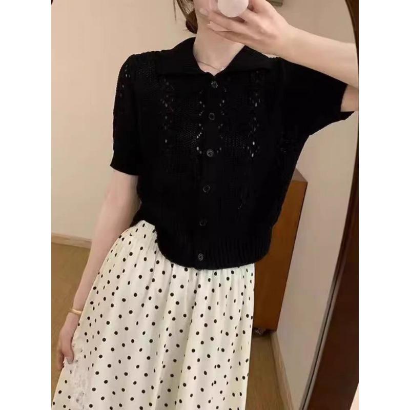 Summer Ice Silk Hollow Blue Lapel Short-sleeved Knitted Sweater Women's New Commuter Versatile Chic Polo Top