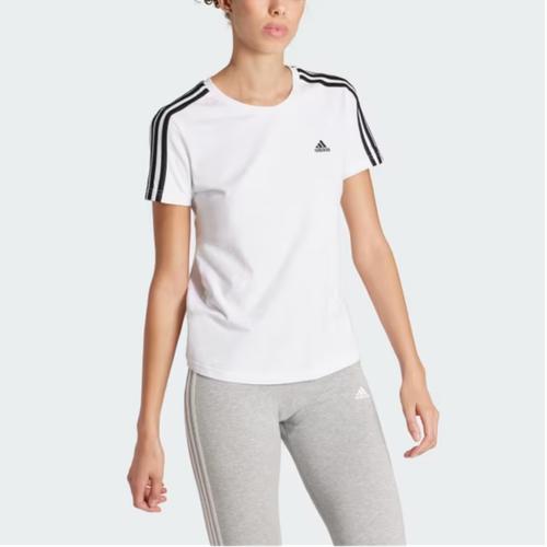 Adidas Striped Embroidered Sports Crew Neck Short Sleeve T-Shirt, Women's, White