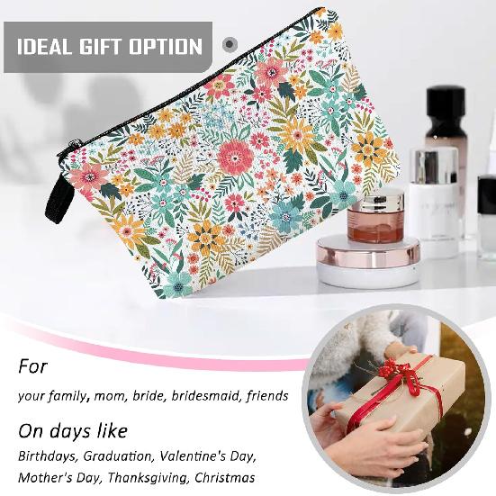 White Flower Floral Makeup Cosmetic Bag Blue Aesthetic Pouch Organizer Small Compact Cute Travel Mini Portable Beauty Toiletry Make Up Brush Storage