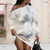 Women Plus Size Off Shoulder Long Sleeve Abstract Print Grey Beige Casual Tunic Dress