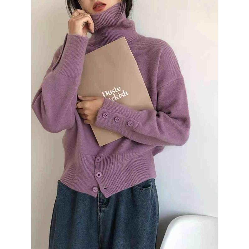 Autumn Winter New Turtleneck Long Sleeve Pullover Sweater for Women Elegant 2025 Fashion Loose Hem Button Sweaters Office Casual Knit Top Clothing