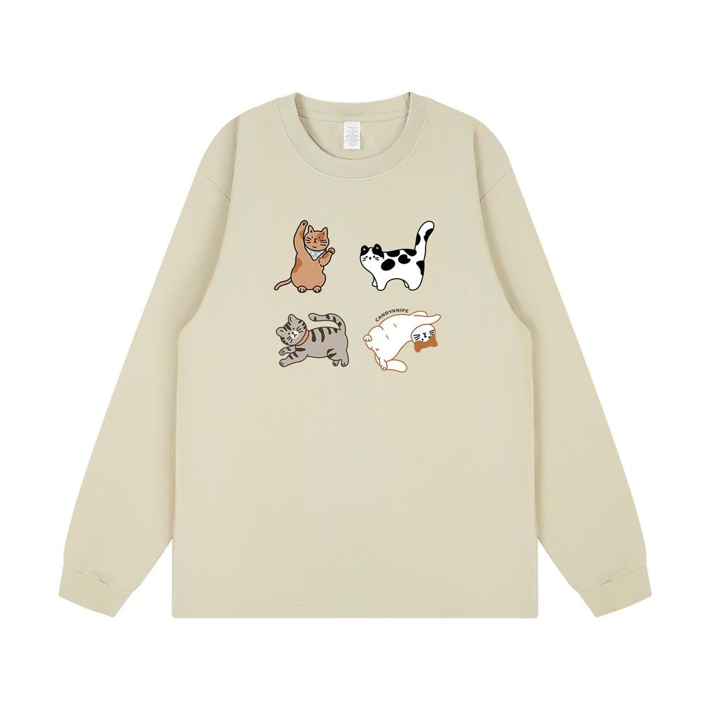 Retro Japanese Cartoon Cat Print Long Sleeve T-Shirt - Pure Cotton