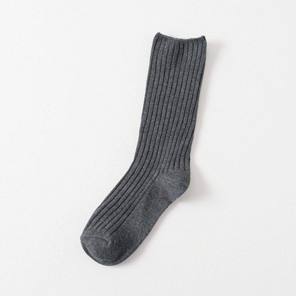 Autumn & Winter Women's Ribbed Cotton Mid-Calf Socks - Japanese Style, Solid Color, Double Needle.