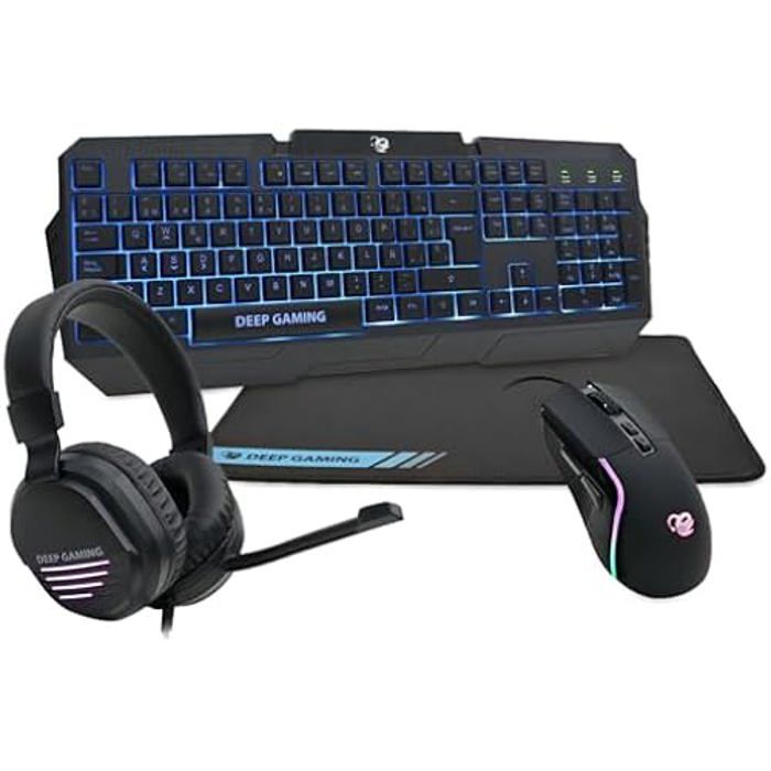 DeepGaming X-Wing Sada 2 her 4 v 1 Membránová klávesnice QWERTY s Ñ podsvícená, optická myš RGB 7200 DPI, sluchátka s