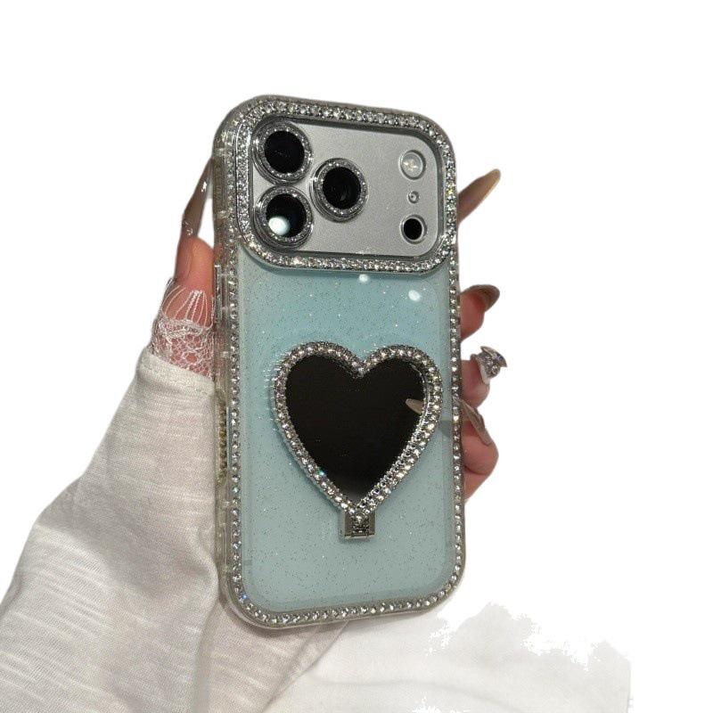 Heart-Shaped Mirror Phone Holder & Rhinestone Glitter Case for iPhone 15 Pro Max, 16, 17