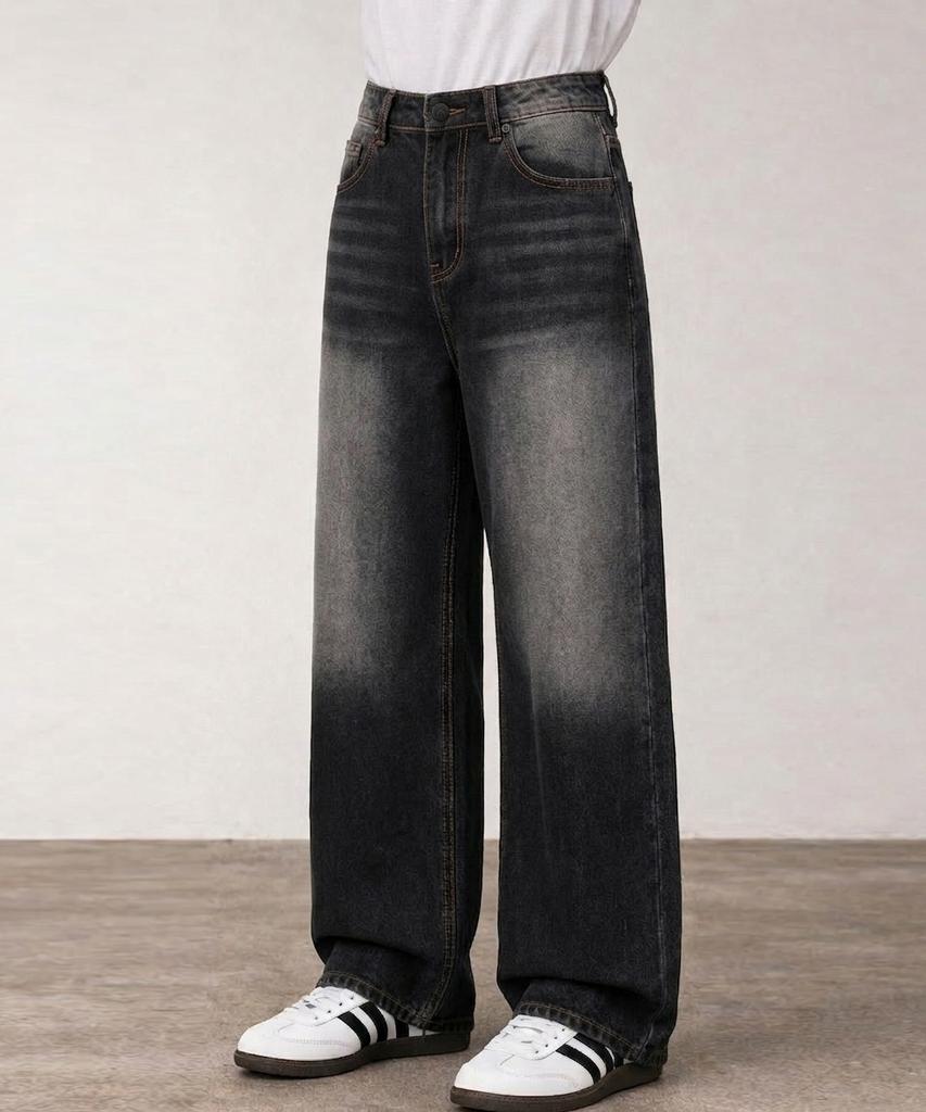 Jikeulib Secret Elastic Waist Vintage Washed Wide Straight Denim Pants 4 Colors (Type A)