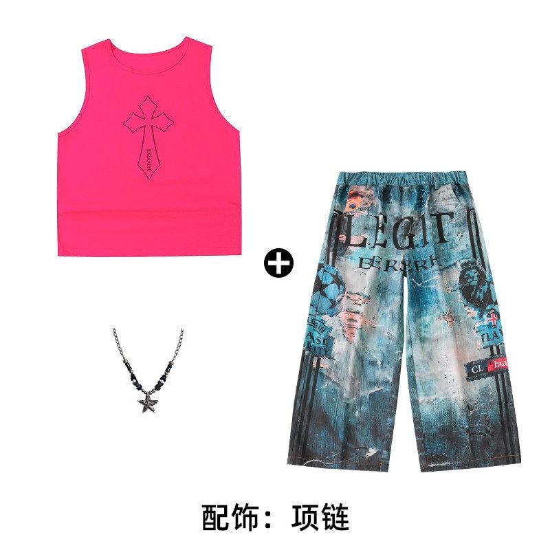 Kids Hip Hop Dance Outfit Set Boys Girls - Sleeveless Pink Top Navy Blue Pants With Accessories