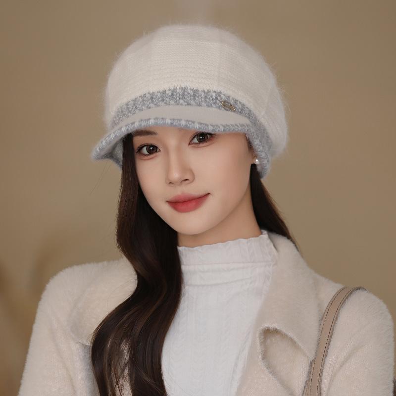 Female Winter Rabbit Fur Warm Fleece Mother Hat Middle-aged and Elderly Elegant Color Matching Knitted Wool Hat