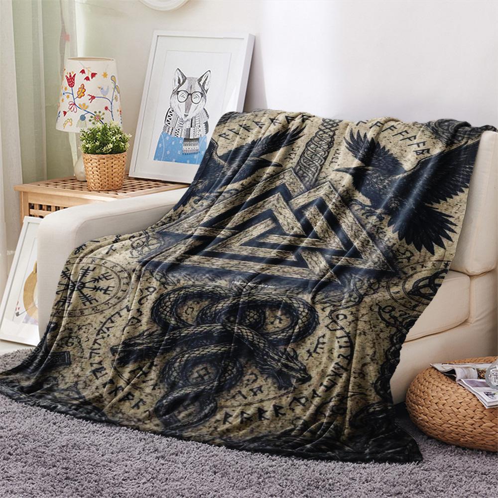 Nordische Rune Rabe Schlange Vintage Druck Flanell Überwurfdecke, Weiche Warme Sofa Bettdecke, Mythologie Heimdeko Decke