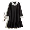 Digital Cutting Three-Dimensional Petal Collar Black Dress! Women's Fall and Winter Composite Cotton Ruched Fishtail Long Sleeves Pockets Dress