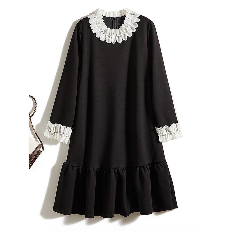 Digital Cutting Three-Dimensional Petal Collar Black Dress! Women's Fall and Winter Composite Cotton Ruched Fishtail Long Sleeves Pockets Dress