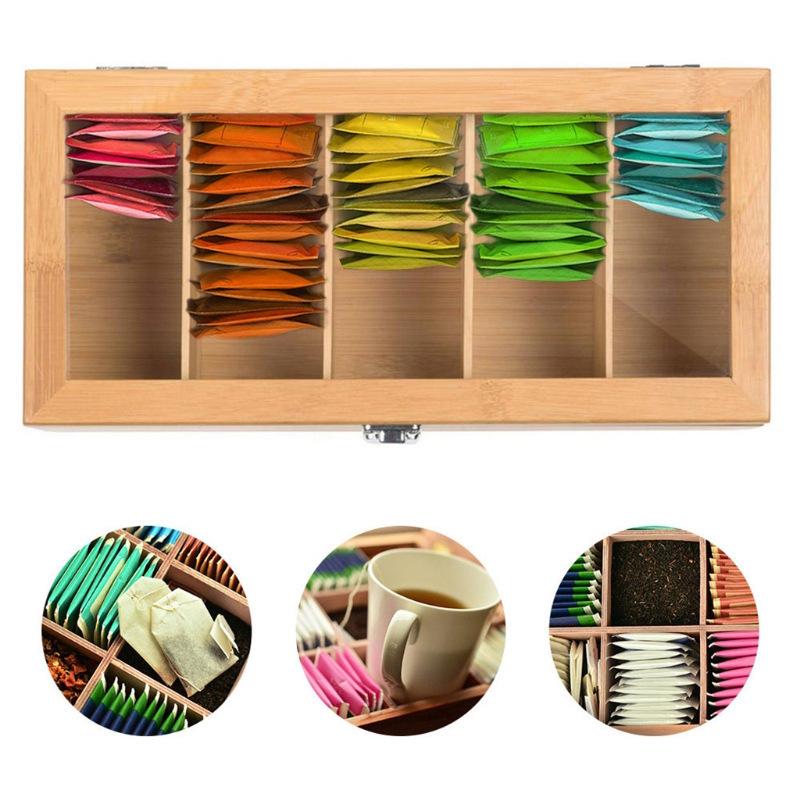Acrylic Bamboo Multi-Compartment Tea and Coffee Storage Box & Desktop Shelf