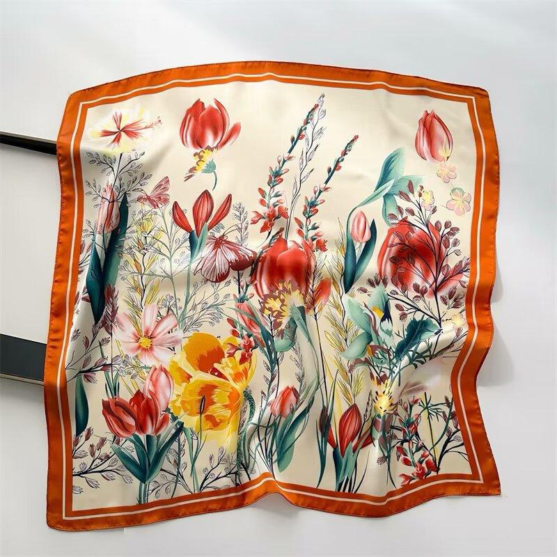 Elegant Purple Flower-Printed Silk Scarf Women Satin Neckerchief Versatile Headwear Bag Clothing And Accessories Square Scarf