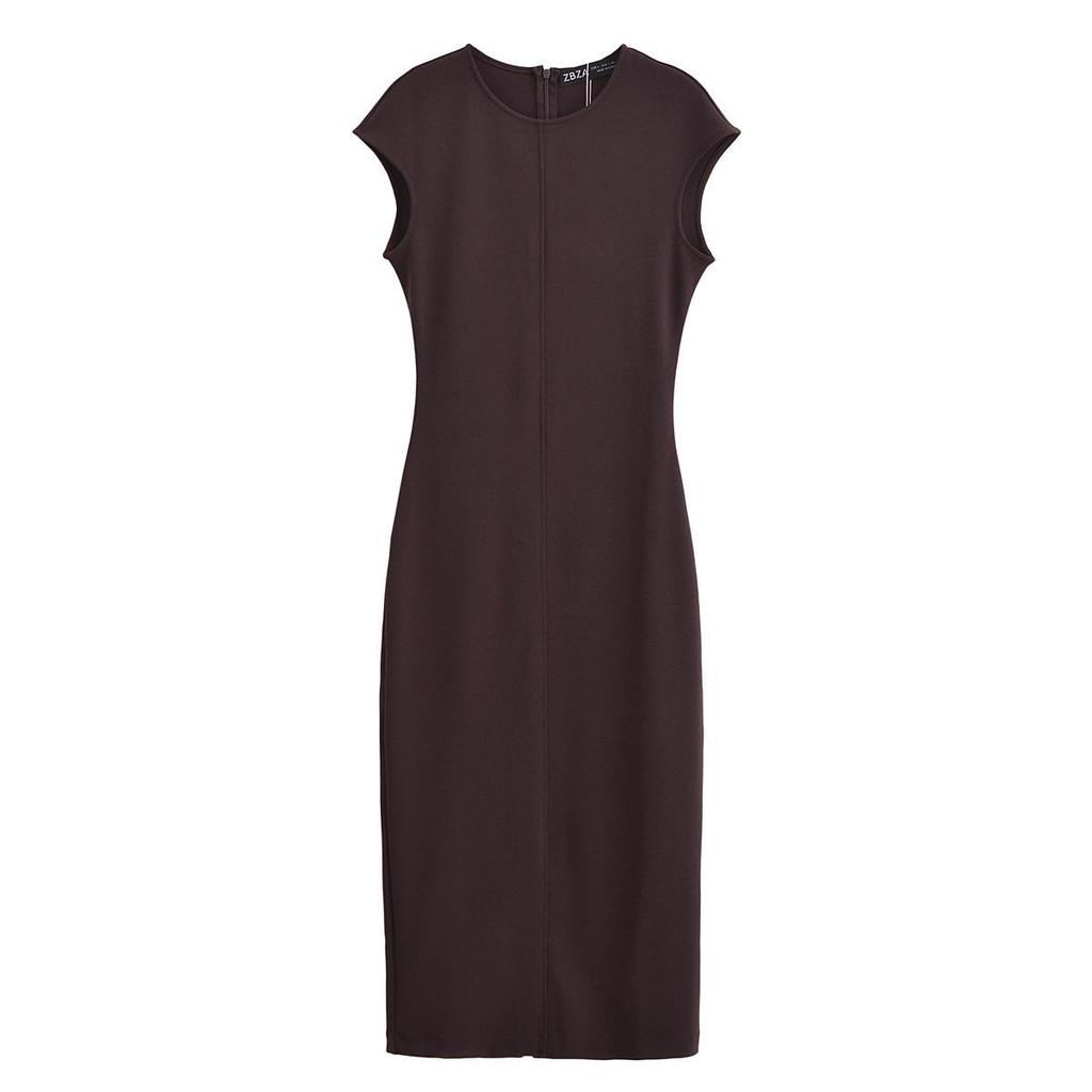 2025 Frühling Damen Europäischer & Amerikanischer Stil Krepp Slim Fit Rundhals Kurzarm Midi-Kleid