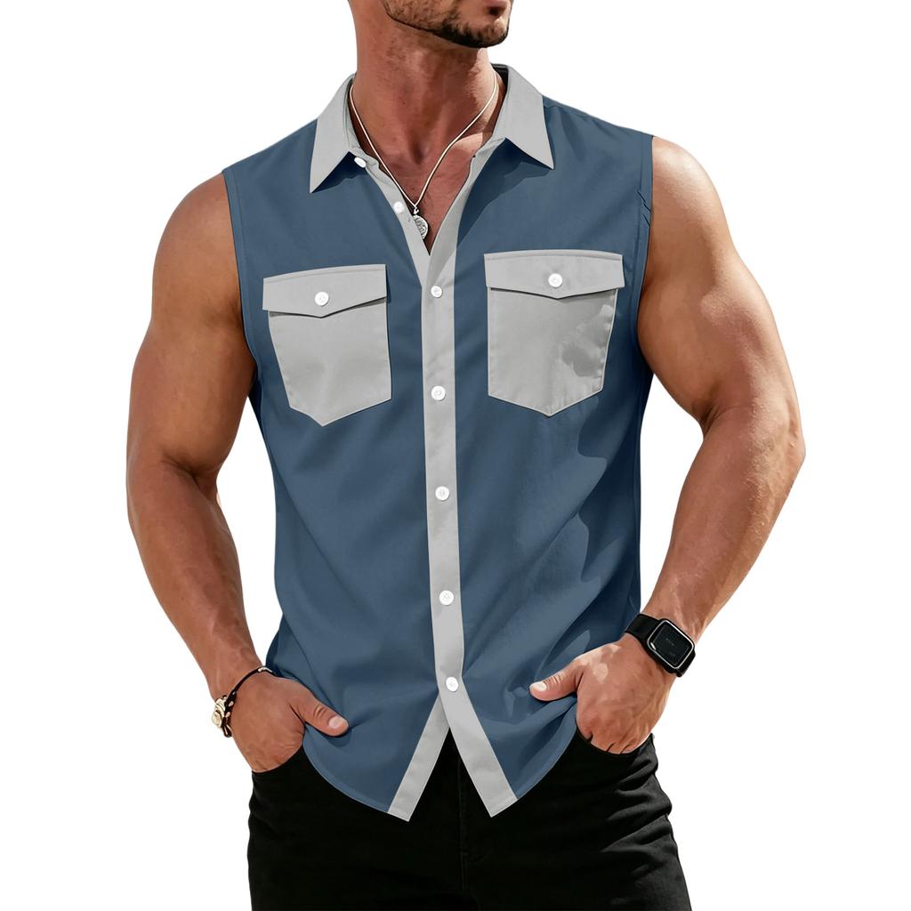 Men's Workwear Lapel Button-Down Vest Shirt - Lightweight Sleeveless Top