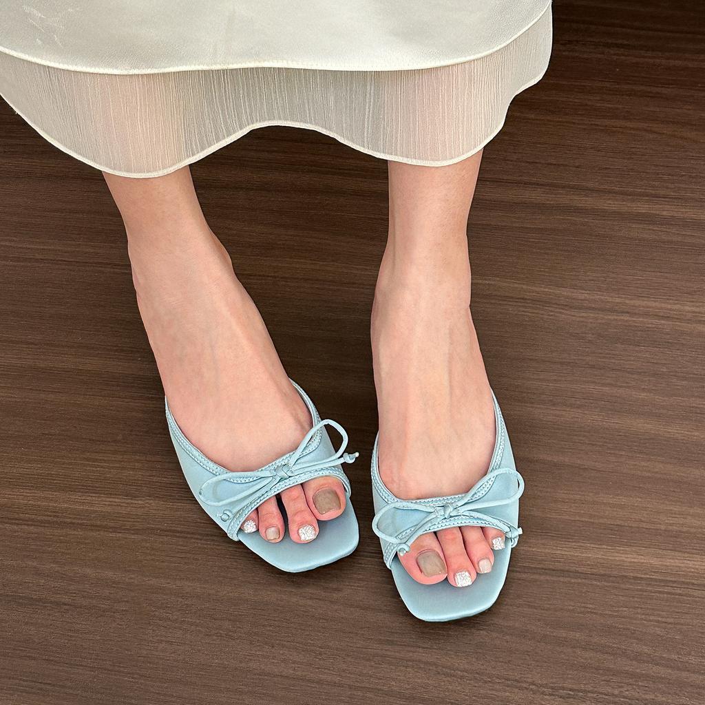 ! Sea Blue Bow Cool Slippers Women's New One-word Stiletto Muller Shoes