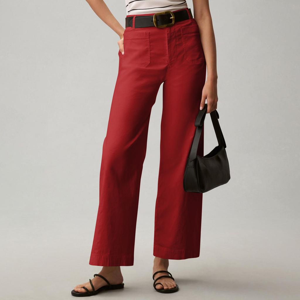 Dámské jednobarevné ležérní široké rovné devítibodové kalhoty s kapsami