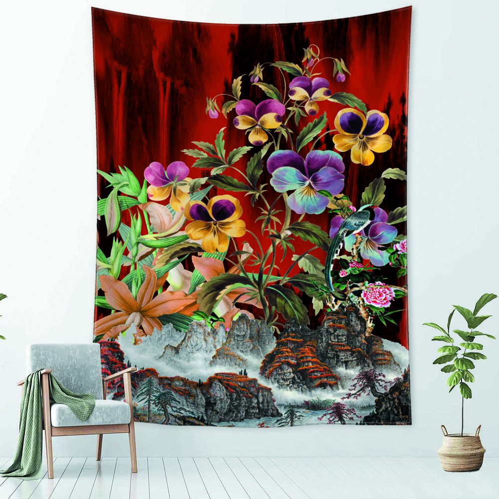 Blumen und Berge Landschaft Wandteppich Hängen Psychedelic Hexerei Natur Boho Tapiz Wohnkultur