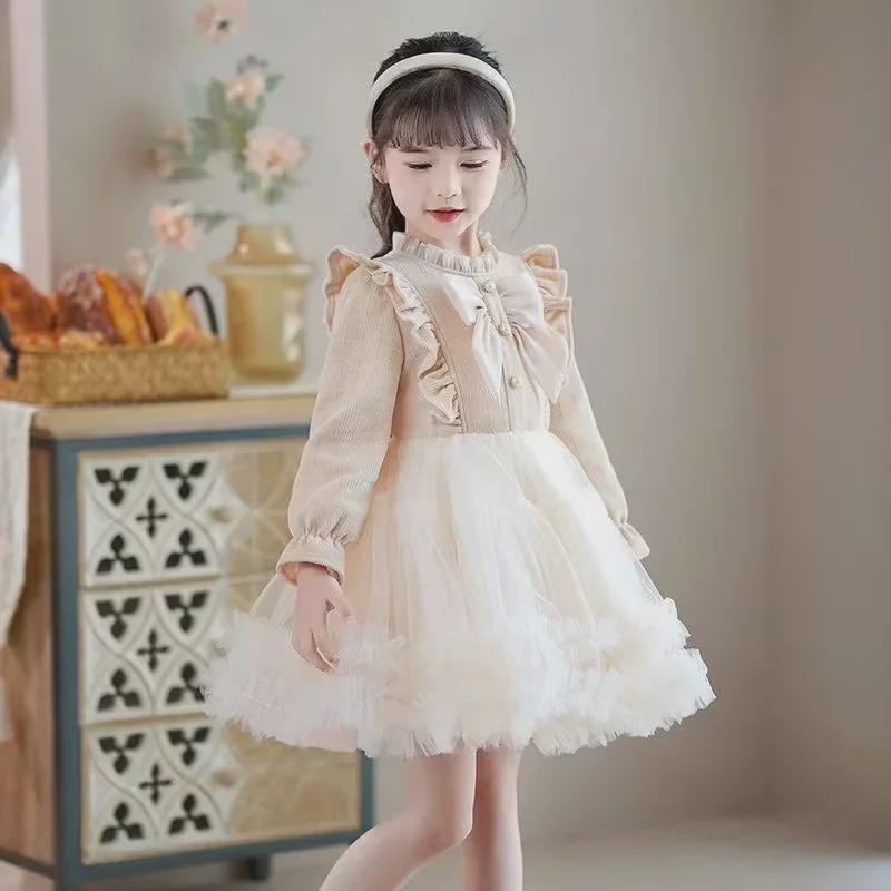 2024 Autumn/Winter Girls’ Long-Sleeved Bow Dress - Trendy, Sweet First Birthday Cake Design