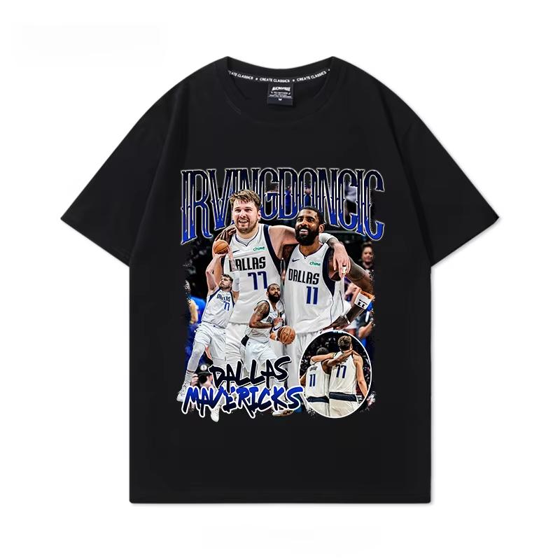 Dallas Mavericks Kyrie Irving Luka Doncic Print Pure Cotton Short Sleeve T-Shirt, American Vintage Basketball Trendy Casual Summer T-shirt 4XL