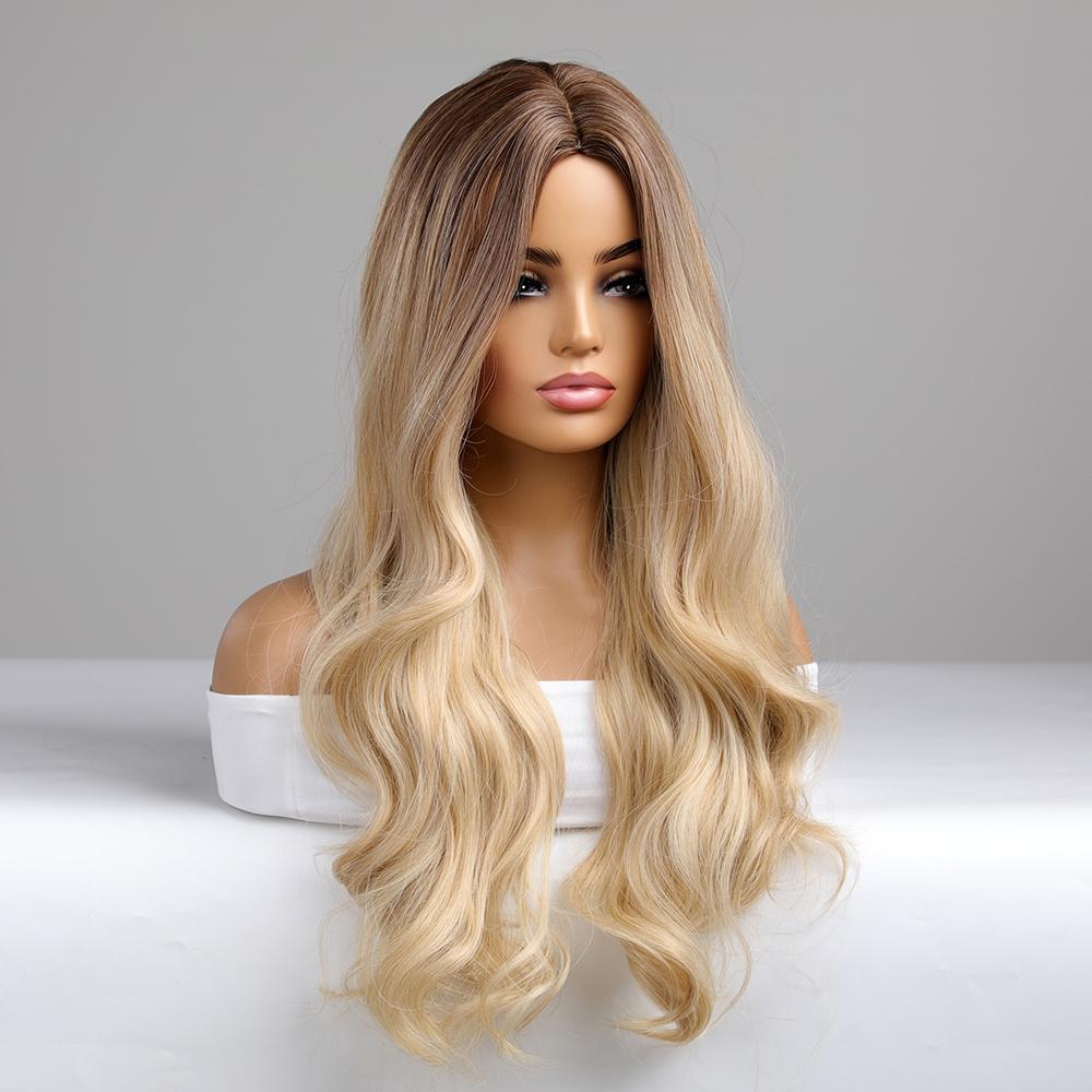 ALAN EATON Ombre hnědá blond syntetická paruka pro ženy Dlouhé vlnité paruky s tmavým kořenem Barevný cosplay Umělé vlasy Párty odolné vůči teplu
