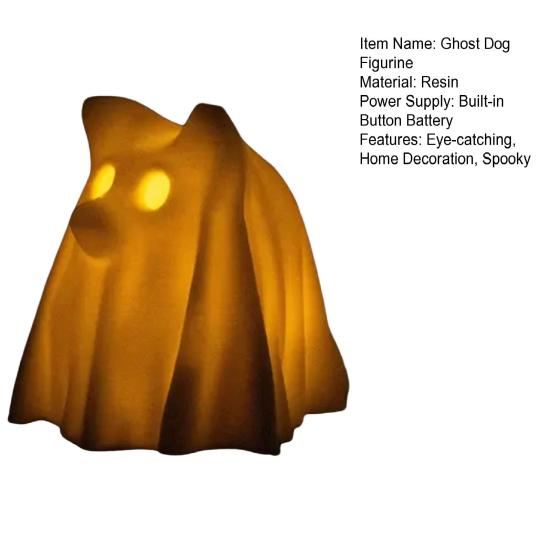 Estatueta de Cão Fantasma Drapeado Halloween Escultura de Cão Fantasma Iluminada Ornamento de Mesa de Resina para Decoração de Prateleira de Quarto Doméstico Interno