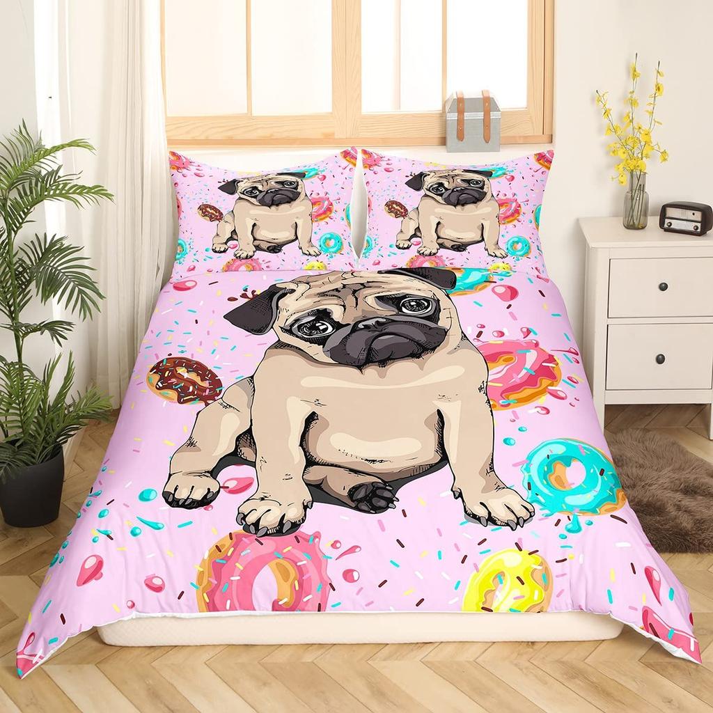 Cartoon Pug Dog Duvet Cover Set Comforter Cover Soft Bedding Set Full Size For Boys Girls Bedroom 2/3 Pieces With Pillow Shams