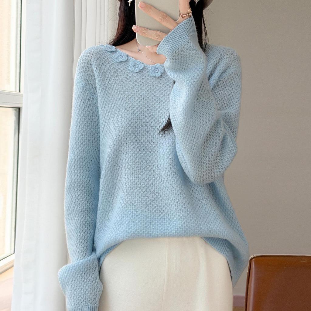Women's 3D Honeycomb Stitch V-Neck Wool Sweater, Long Sleeve Loose Crochet Knitwear