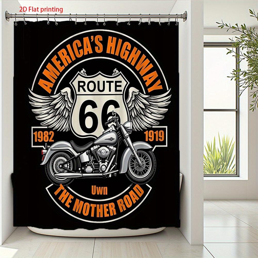 Route 66 Motorcycle Shower Curtain Retro American Highway Design With Chrome Bike And Wings Shower Curtain With Hook