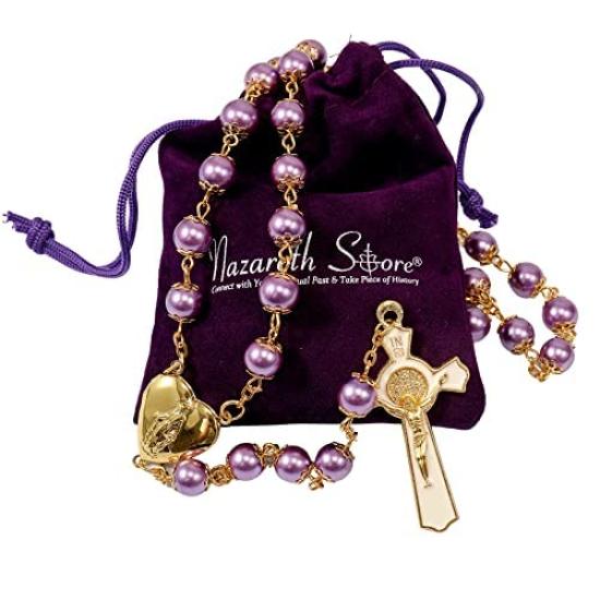 Nazareth Store Purple Pearl 8mm Bead Rosary Necklace Gold Prayer Chaplet Miracle Open Up Locket Centerpiece Medal White Enamel Cross, 2XL, Glass, No