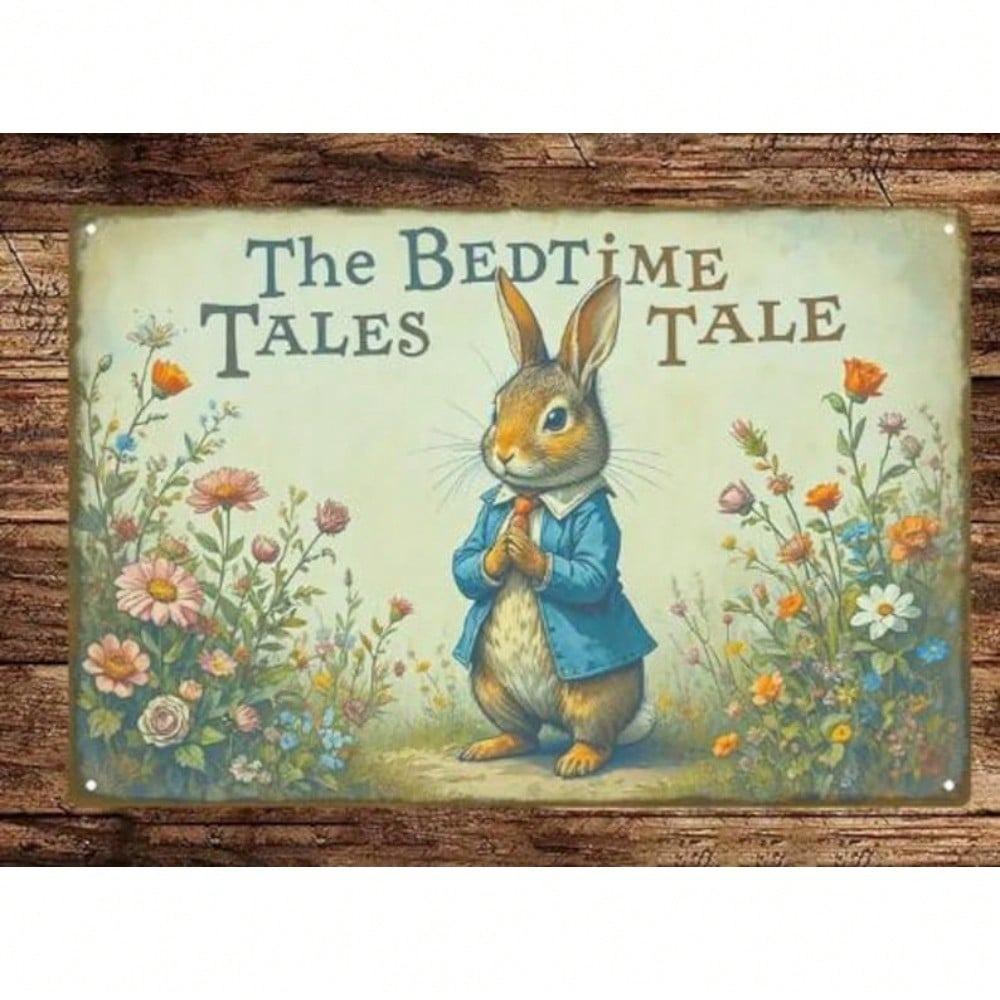 Vintage Rabbit Wall Art Metal Tin Sign Floral Illustration Rustic Home Decor Nursery Bedroom