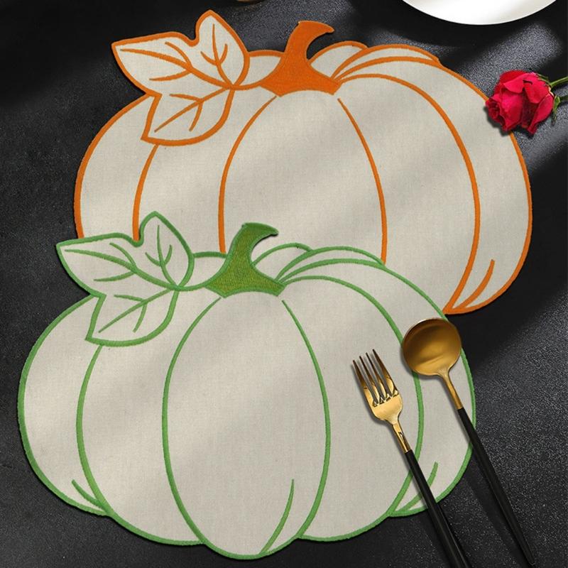 Elegant Embroidered Pumpkins Leaf Placemat For Halloween Dining Table Decoration Waterproof And Heat Resistant Kitchens Tableware