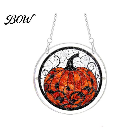 Puzzle Suncatcher Halloween Scary Bat Pumpkin Acrylic Jigsaw Suncatcher, Stained Glass Style Party Decoration Window Hanging Decor for Home, I