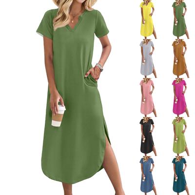 Γυναικείο φόρεμα με μακριά φούστα, casual ντεκολτέ V, μακρύ πουκάμισο, χαλαρό σκίσιμο, γιορτινό φόρεμα με κοντό μανίκι