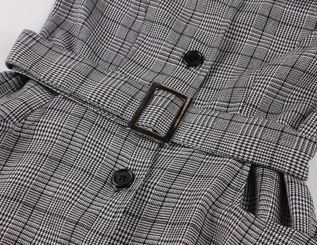 Retro Women's Plaid Dress with Turn-Down Collar, Short Sleeves, Single-Breasted Design, and Pockets in Hepburn Style.