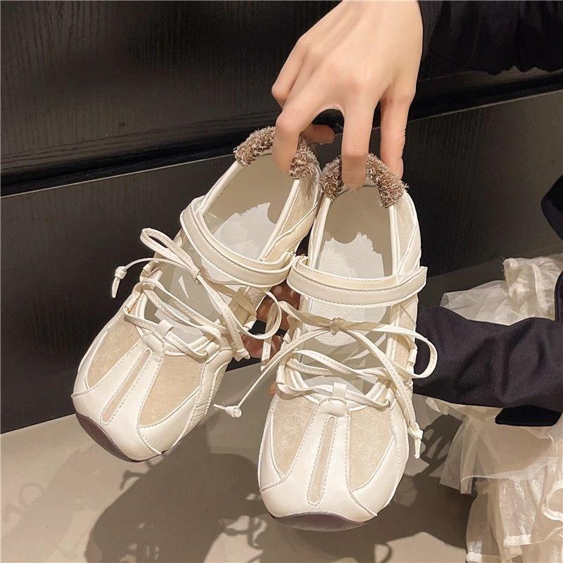 Soft-soled ballet Velcro Mary Jane shoes women's splicing leather casual versatile super soft shoes