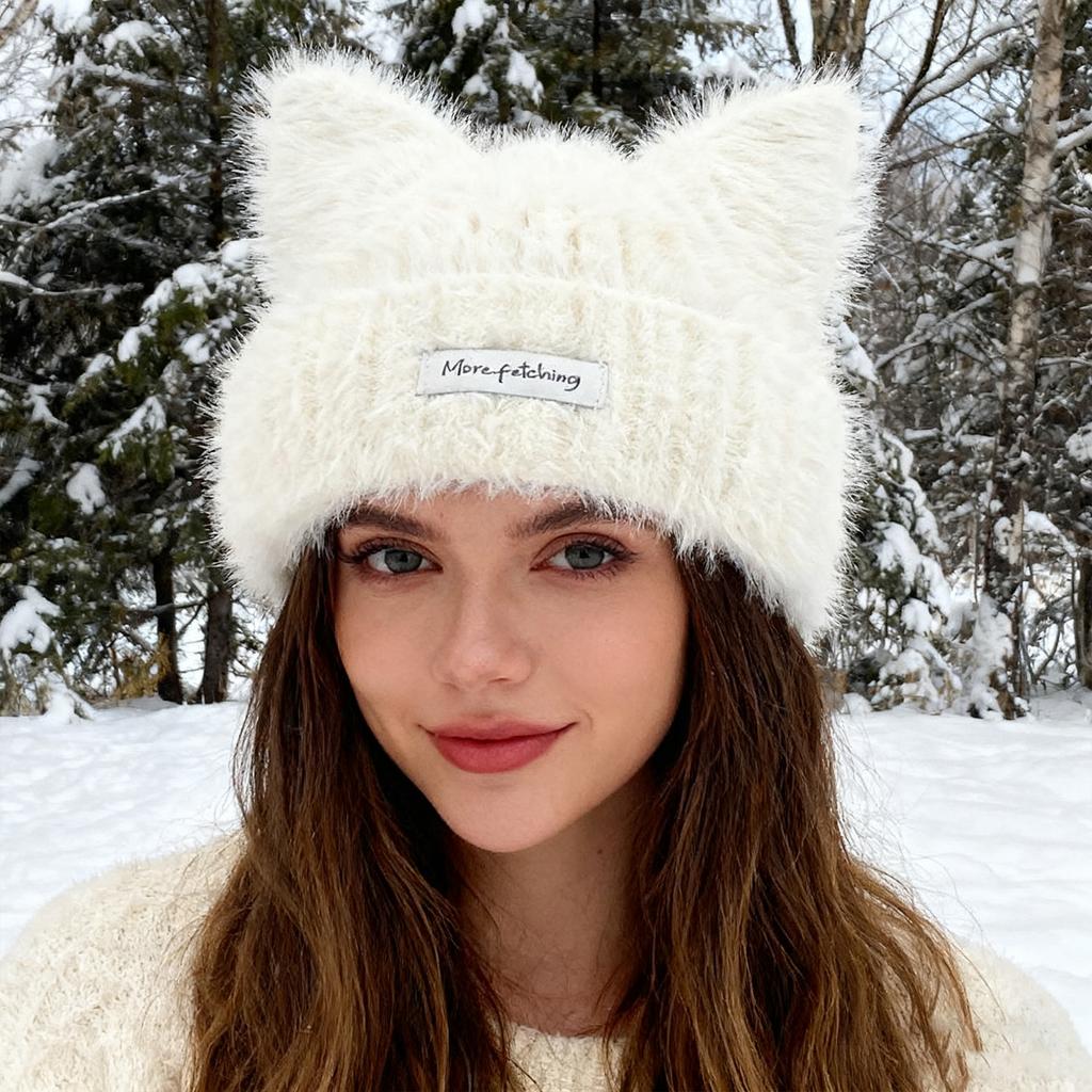 Women Knitted Beanie with Cat Ears Design Soft Yarn Winter Warm Fuzzy Hat for Ladies Fall and Winter Season