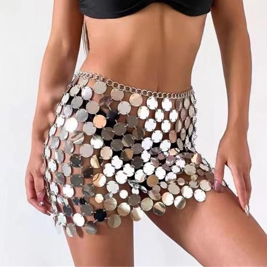 

Punk Style Sequin Body Chain Midi Skirt for Nightclub чёрный