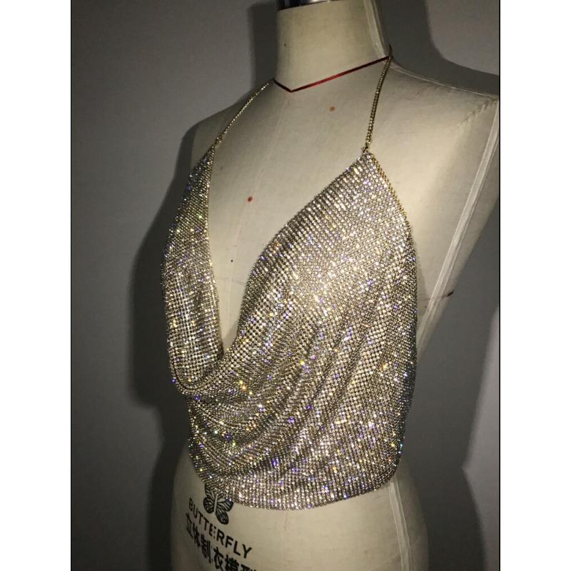 Kvinners diamanter lavt snitt ryggløse glitrende diamanter Tie Chain Halter Deep V Neckless Topp