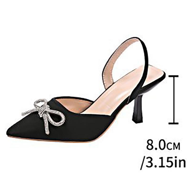 Women's Pointed Back Empty Sandals Rhinestone Bow High Heels Mueller Shoes