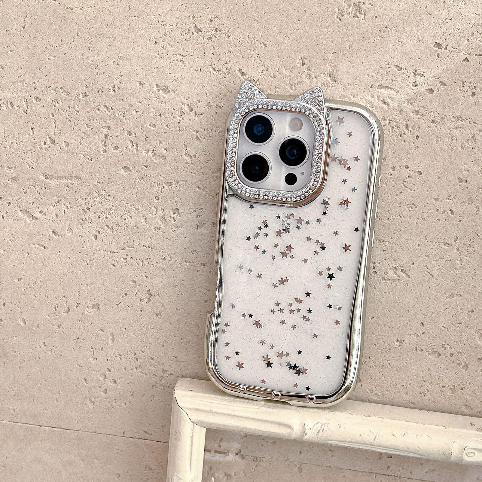 

Japanese and Korean Glitter Powder Suitable for Apple 16 ProMax Five Pointed Star Mobile Case IPhone 15 Rhinestone Cat Ear Protection Case iPhone12proMax