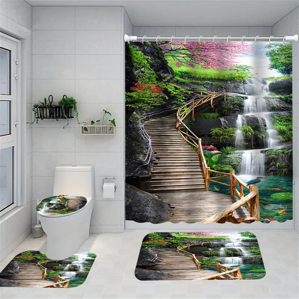 

1/4 Forest Waterfalls Shower Curtains, Toilet Seat Decoration, Shower Curtain With Carpet And Toilet Lid, 12 70.8X70.8 Inch Hook W60H190(CM)-1 Pcs