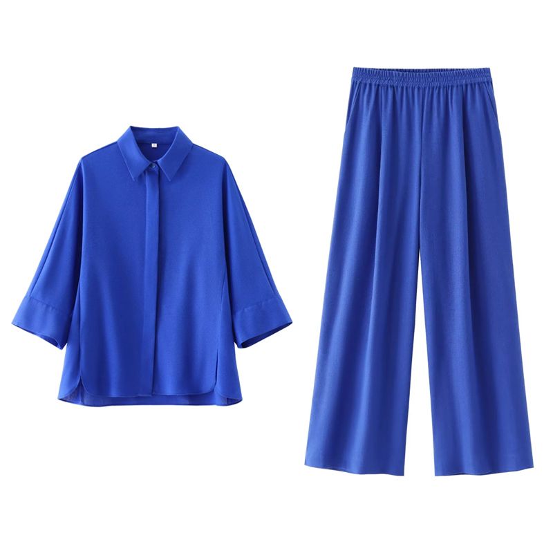 Spring New Casual Polo Collar Long Sleeves Linen Blended Loose Shirt 2157045 Wide Leg Pants 3108709